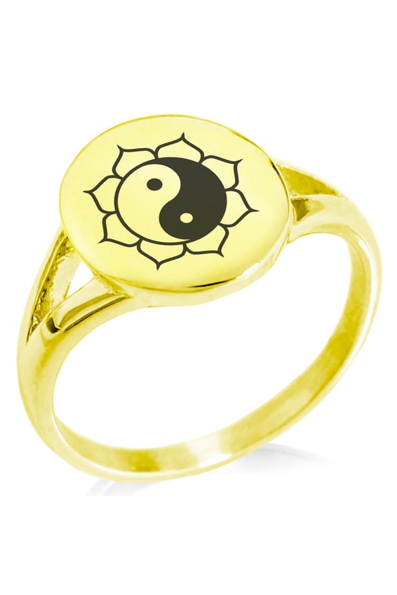 Stainless Steel Sacred Lotus Yin Yang Minimalist Oval Top Polished Statement Signet Ring