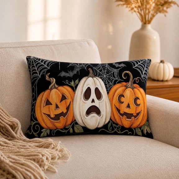 Dalxymotic Halloween Pumpkin Pillow Cover, 12x20 Inch Lumbar Throw Pillow Case, Three Pumpkin Design Cushion Cover, Halloween Decorations Indoor Outdoor for Sofa, Couch, Bed