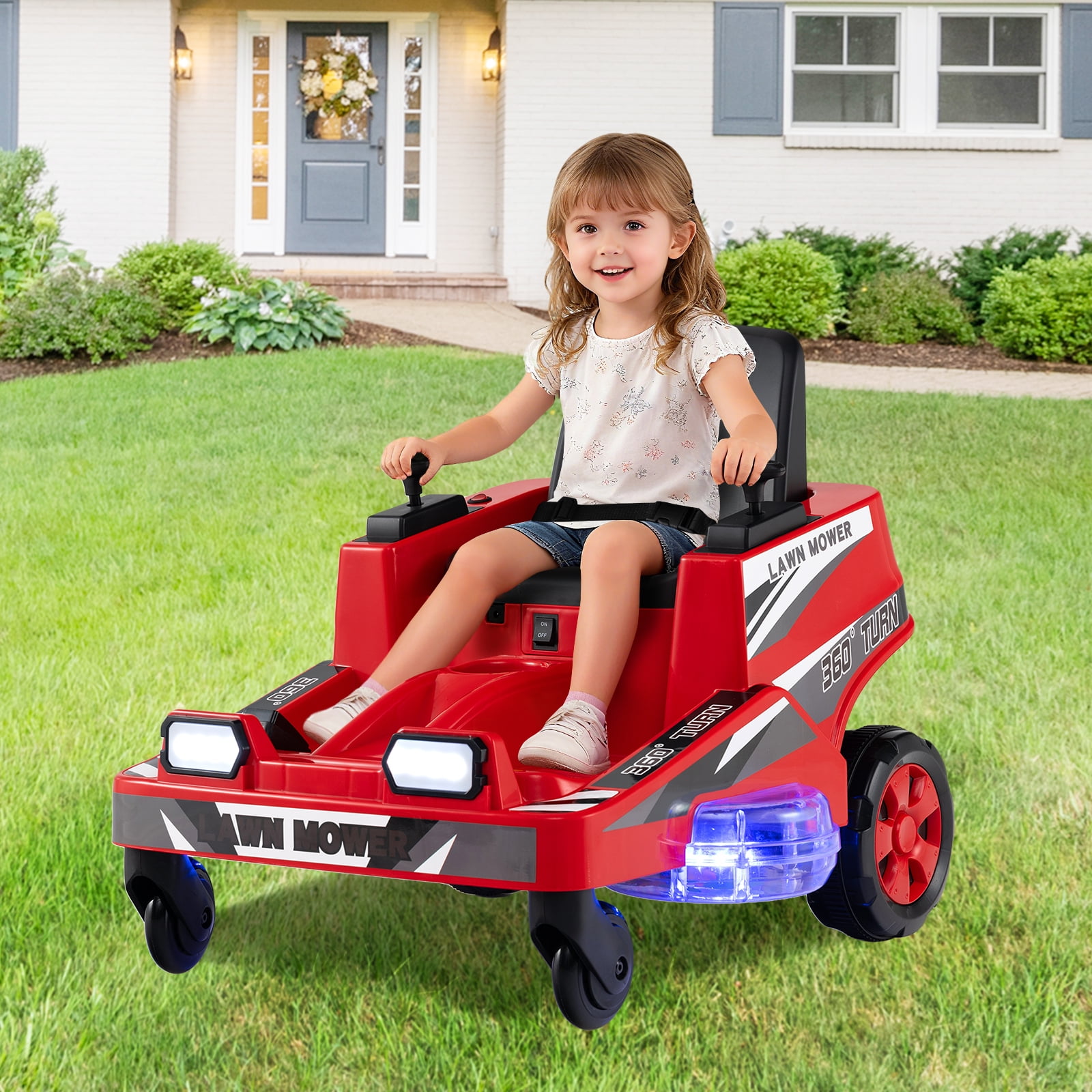 Costway 12V Ride on Lawn Mower with Dual Control Sticks LED Lights Twist Turn for Aged 3-8 Red