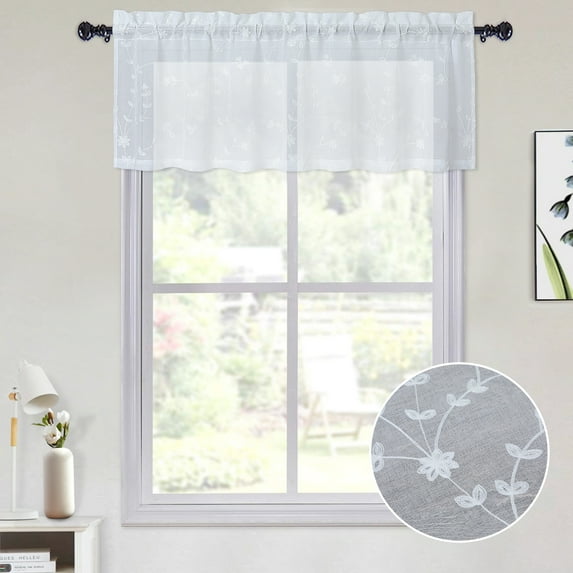 HOMERRY 52"W x 15"L Kitchen Curtain Valance Leaf Embroidered Light Filtering Cafe Curtain Valances for Living Room Bathroom, White, 1 Panel