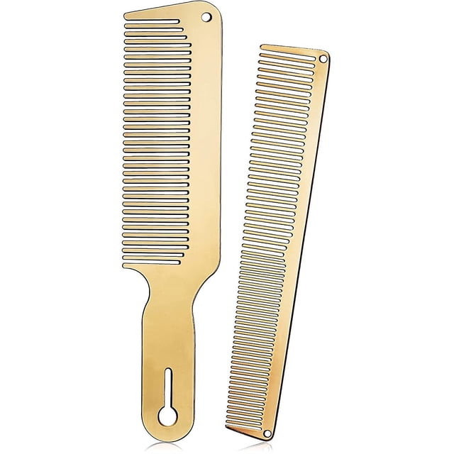 juego de peines de metal de 2 piezas yongsheng peine de barbero de metal acero inoxidable conjunto dorado con 1 peine de corte fino con mango y orificio para colgar y 1 peine de corte plano sin mango, ambos en acero inoxidable pulido con dientes estrechos y espaciado uniforme, acabado brillante antiestático, para peinar, cortar y detallar; también adecuado para separar mechones pequeños al teñir.