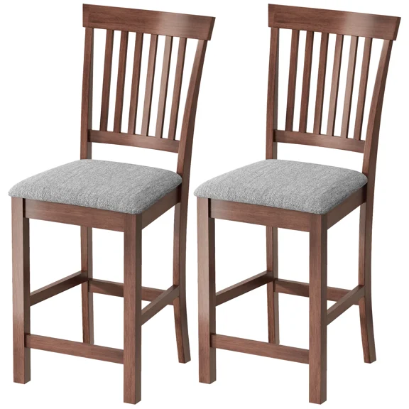 Set of 2 Counter Height Bar Stools with Back, Rubberwood Frame, Upholstered Linen-Feel Seat, Modern Kitchen Island Bar Chairs