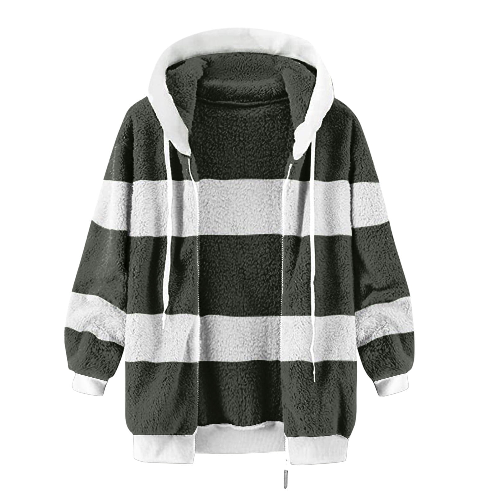 FNFYFH Ladies Plus Size Fleece Coats Color Block Long Sleeve Hooded Jackets Drawstring Winter Warm Hoodie Overcoat with Pockets Fluffy Jacket S-5XL