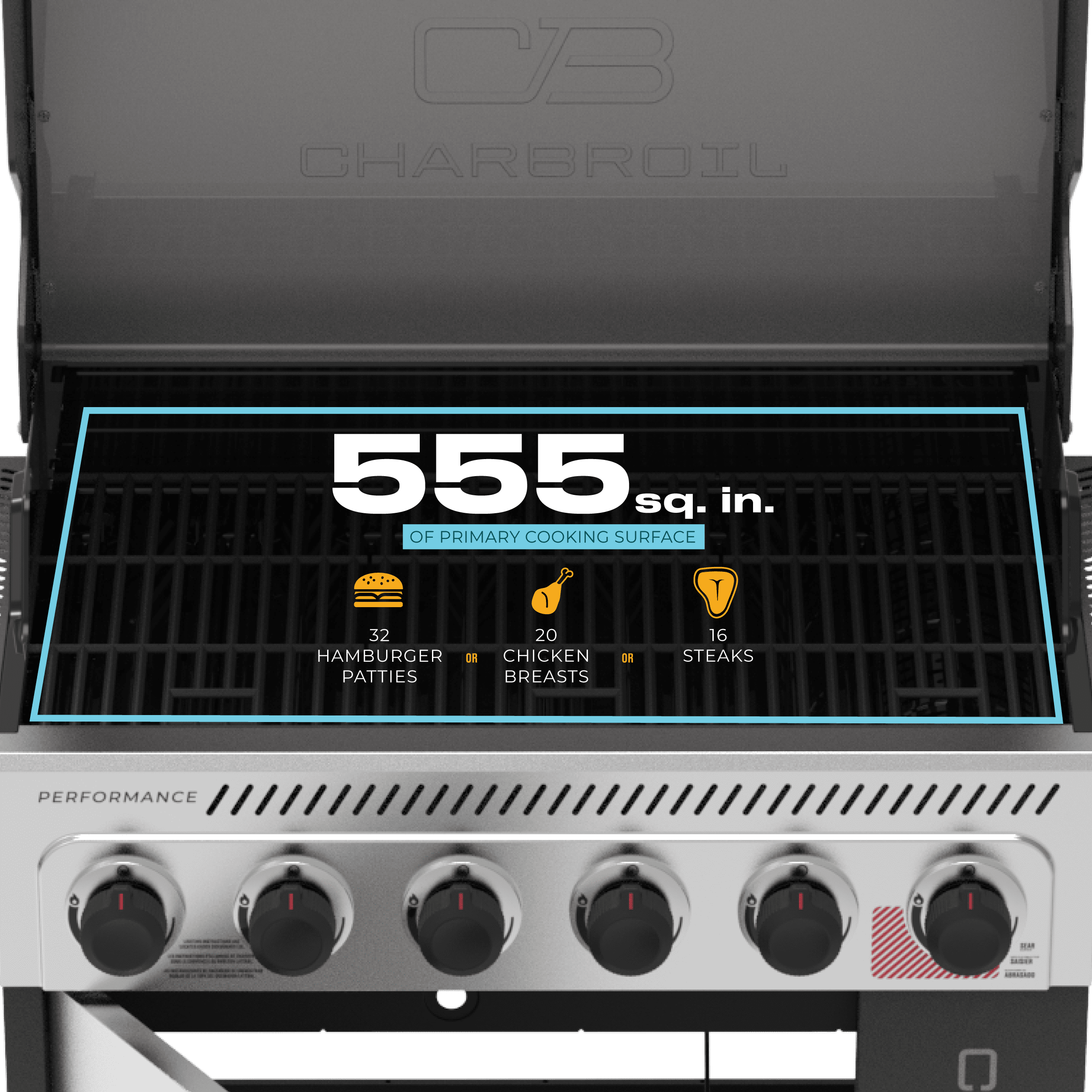 Charbroil Performance Series™ FlavorMax™ 6 Burner Gas Grill Cabinet with Sear Burner and Side Burner Gray Stainless