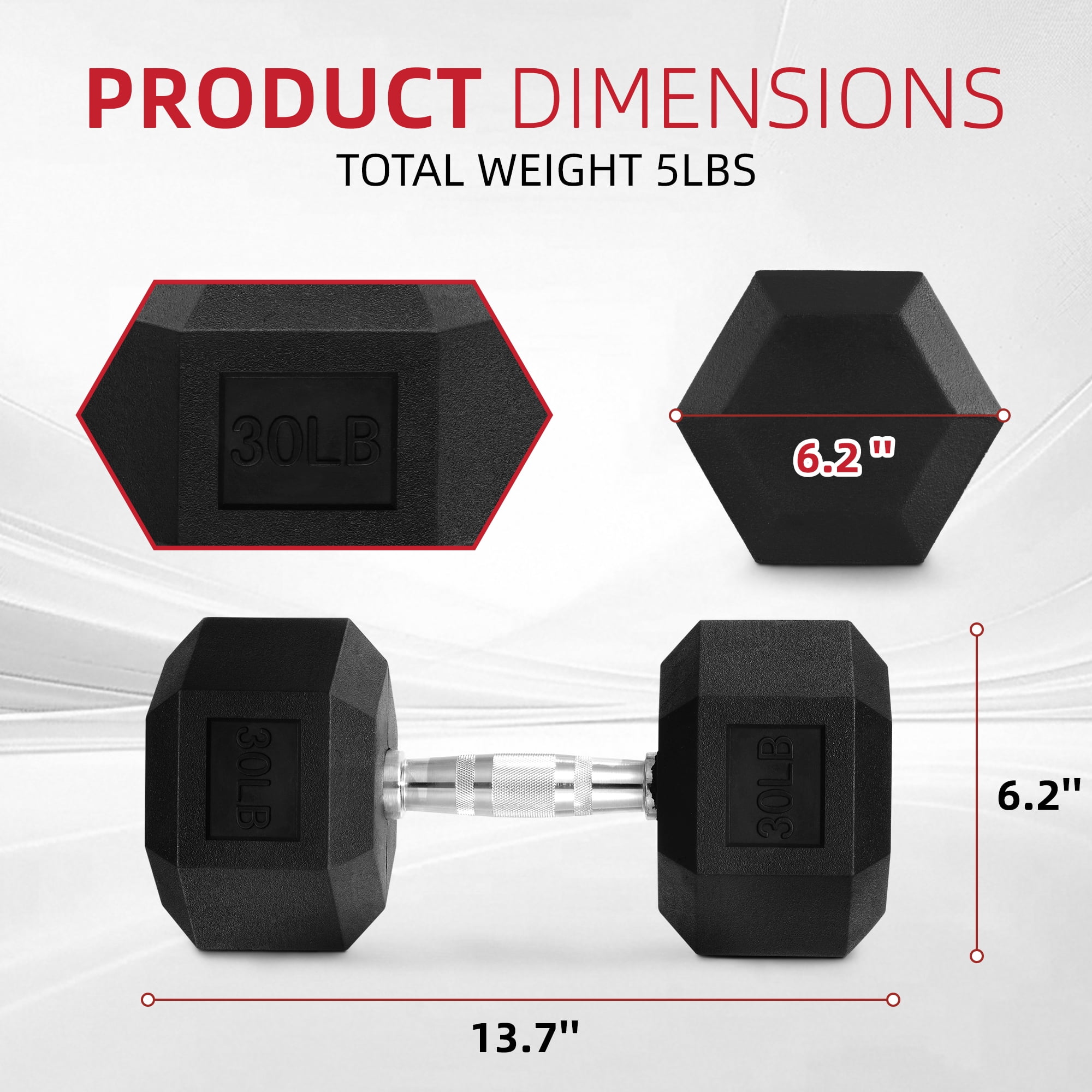FlexWave Rubber Encased Hex Dumbbells, 30 lbs Pair, Black