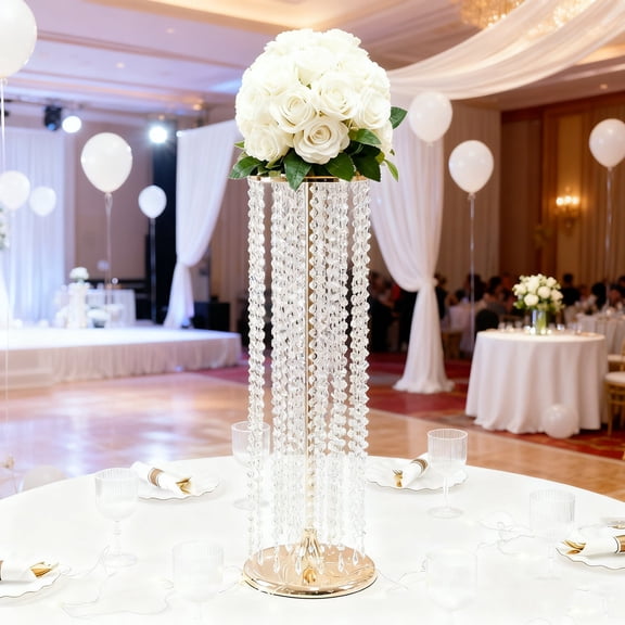 Efavormart 4-Pack Metal Flower Stand Vases in Gold with Hanging Crystal Beads – 32" Tall Decorative Column Centerpieces for Events and Table Décor