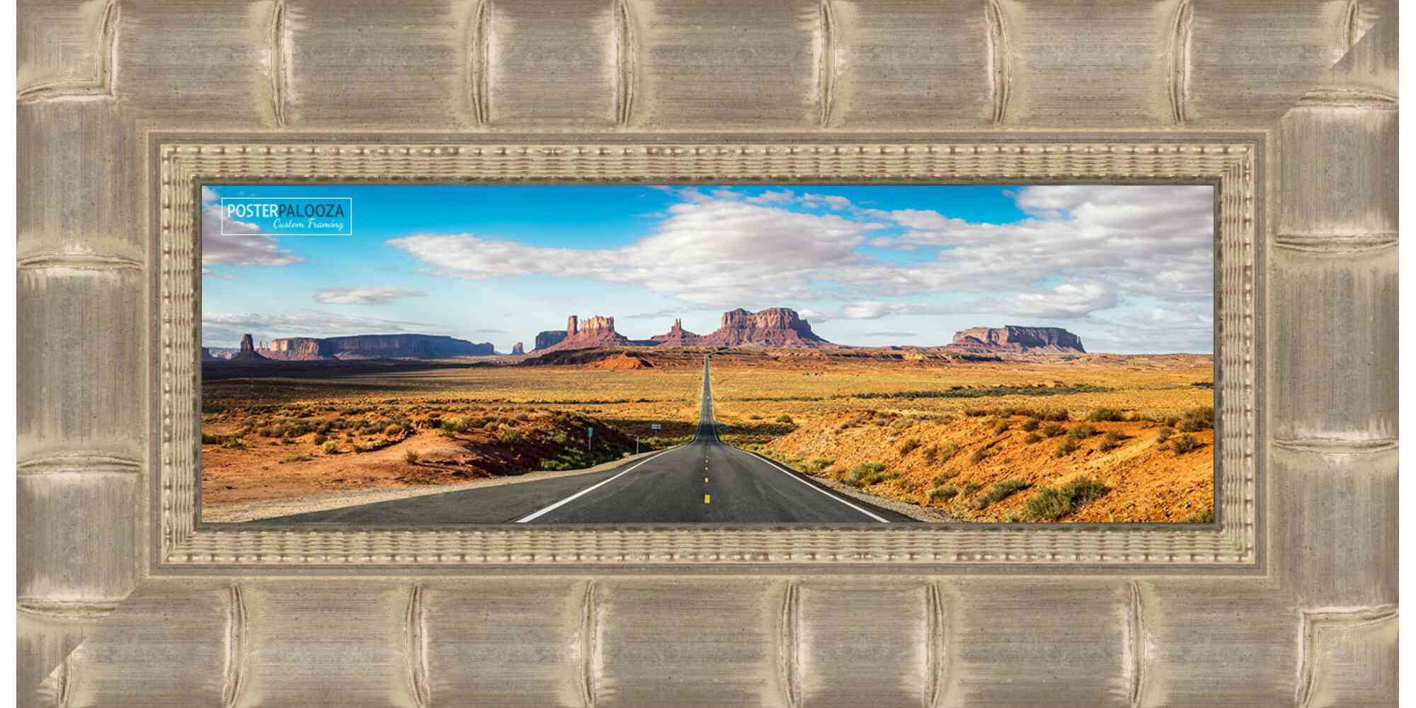 14x40 Silver Wide Bamboo Picture Frame - UV Acrylic, Foam Board Backing, Hanging Hardware
