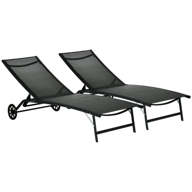Outsunny 2PCs Lounge Chairs with Wheels, 5-Level Adjustable Backrest, White