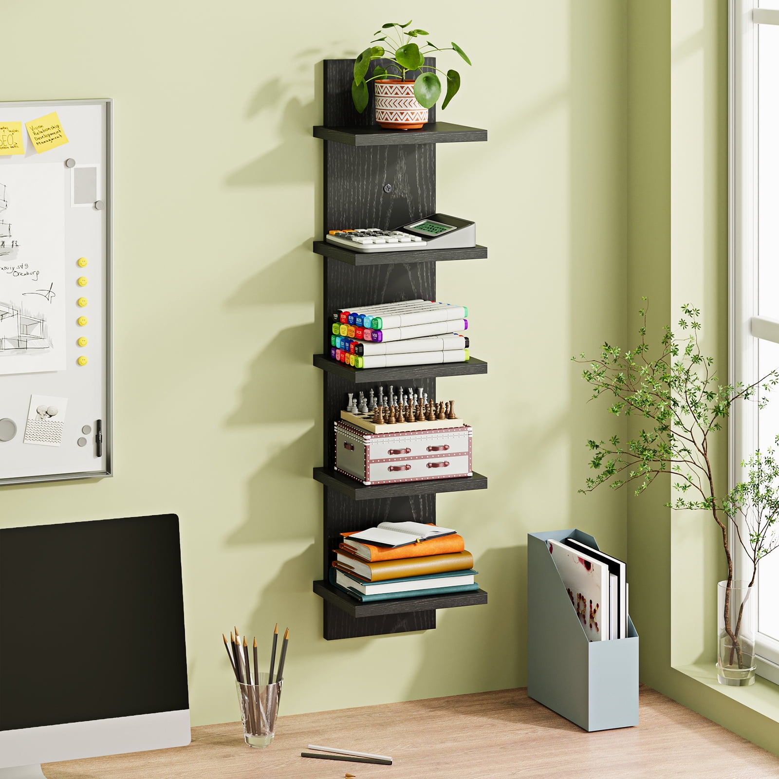 Fairy 5-Tier Wall Shelf Unit, Black Floating Wall Shelves, Vertical Wood Shelf Organizer for Bedroom, Living Room & Home Decor