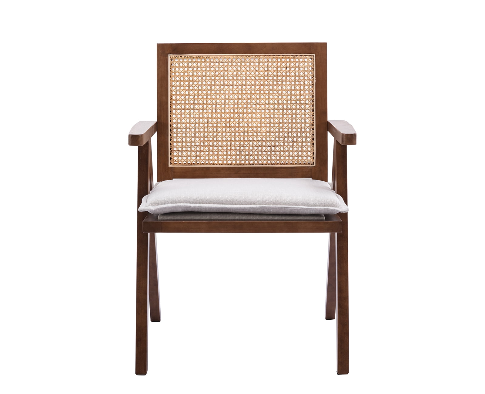 Guyou Modern Rattan Dining Chair Set of 2, Mid-century French Farmhouse Upholstered Solid Wood Armchair Reading Chair, Retro Accent Chair with Woven Back and Walnut Base, Beige Fabric
