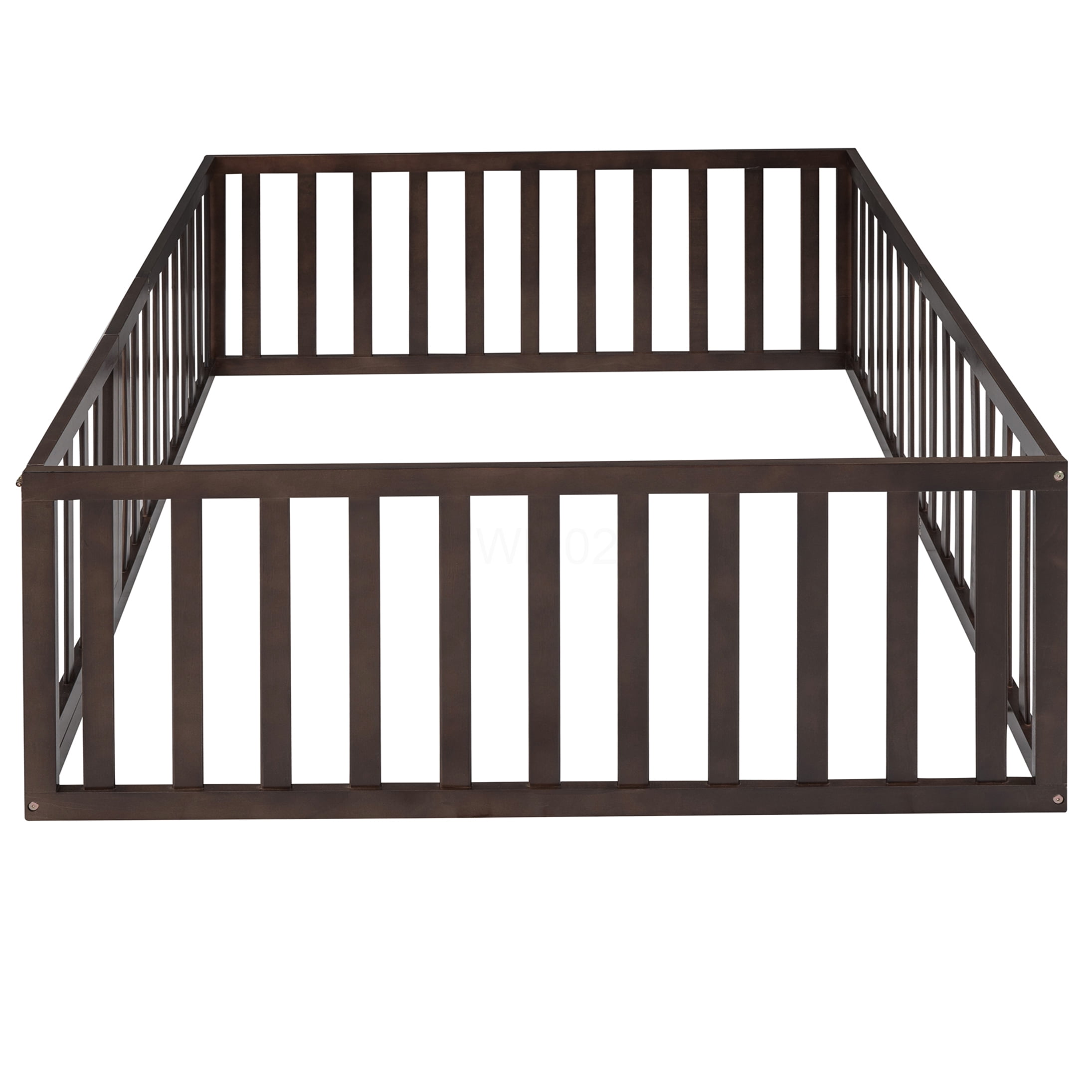 Full Size Floor Bed Frame with Safety Gate, Low Profile Platform Bed with Fence, Solid Pine Wood, Walnut Finish