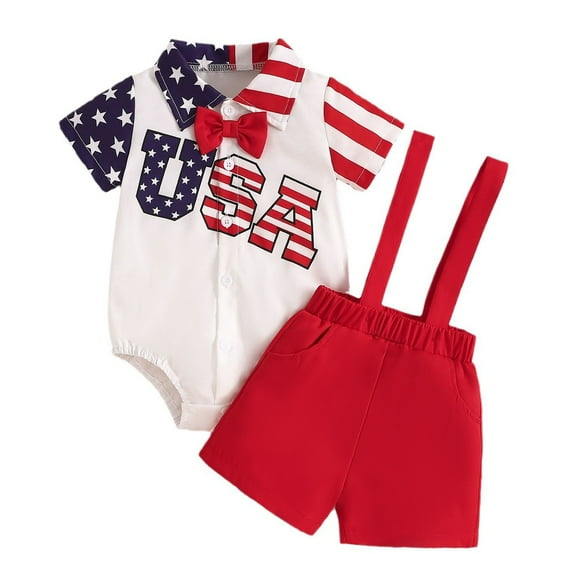 Povozer Toddler Independence Day Clothes Set Newborn Baby Boy 4th of July Outfit Short Sleeve Stripe American Flag Embroidery Romper One Piece Bodysuit for 3-6 Months,White