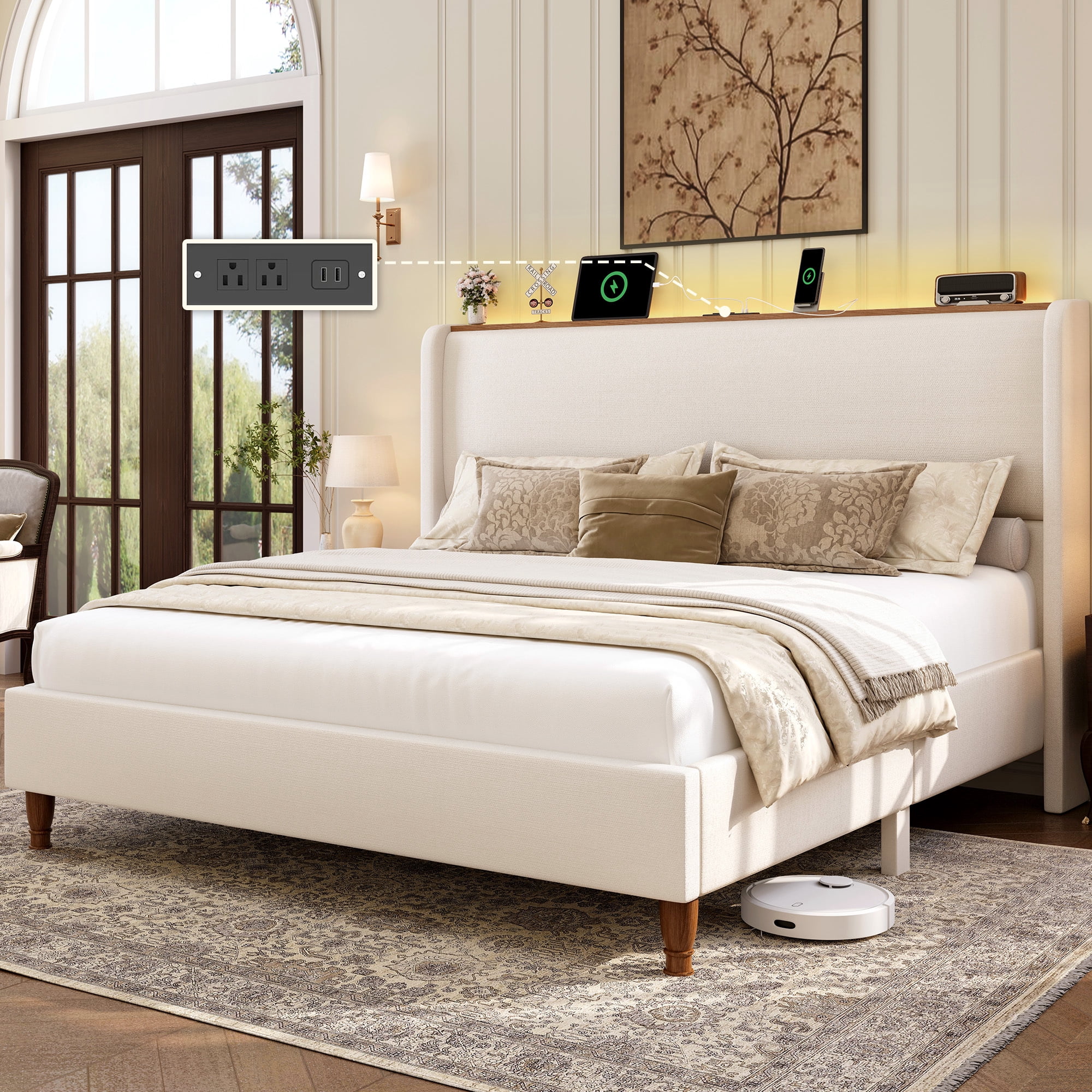Breltam Upholstered Platform Bed with Wingback Headboard, Queen Bed Frame with LED Lights and Charging Station, Beige