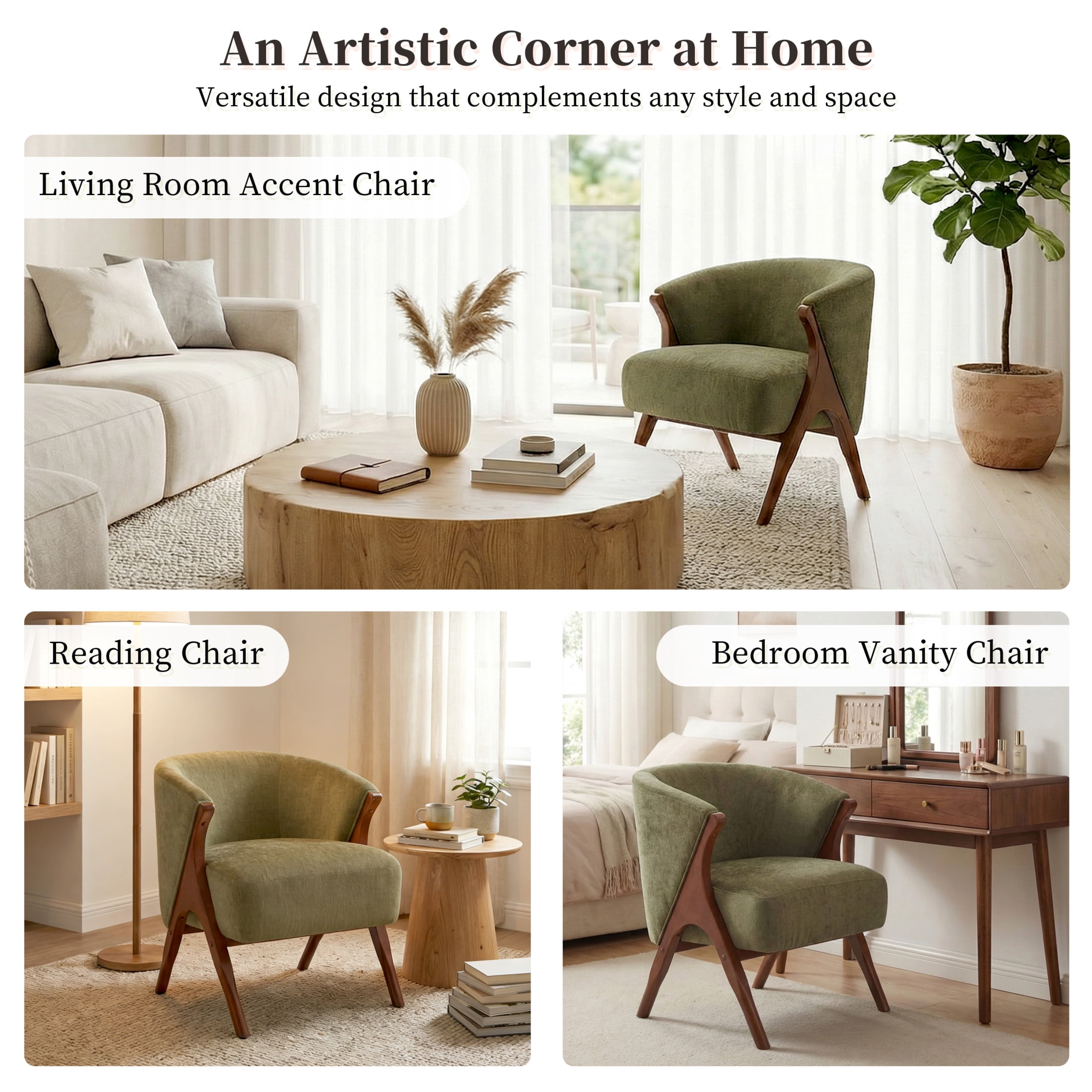 Noble House 27" Modern Accent Chair with Solid Wood Frame and Chenille Upholstered for Living Room, Walnut & Green
