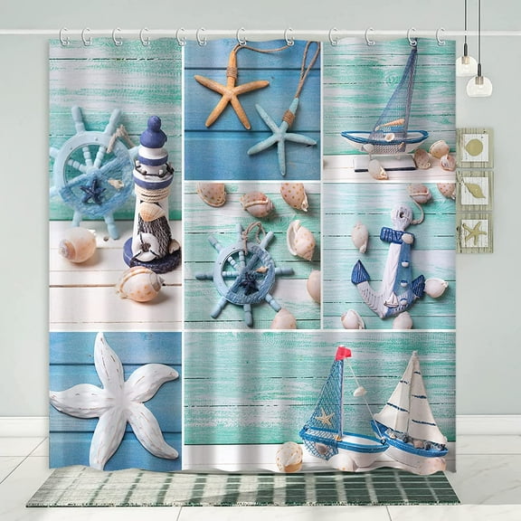 Beach Shower Curtains for Bathoom, Nautical Ocean Coastal Shower Curtain Bathroom Decor with Hooks, Teal and LUE, 72 x 72 inches