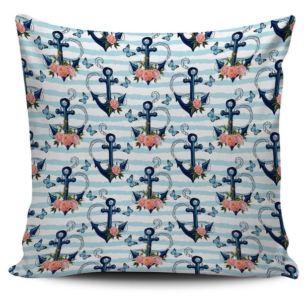 Anchor Flower Funda de cojín con estampado de rayas azules
