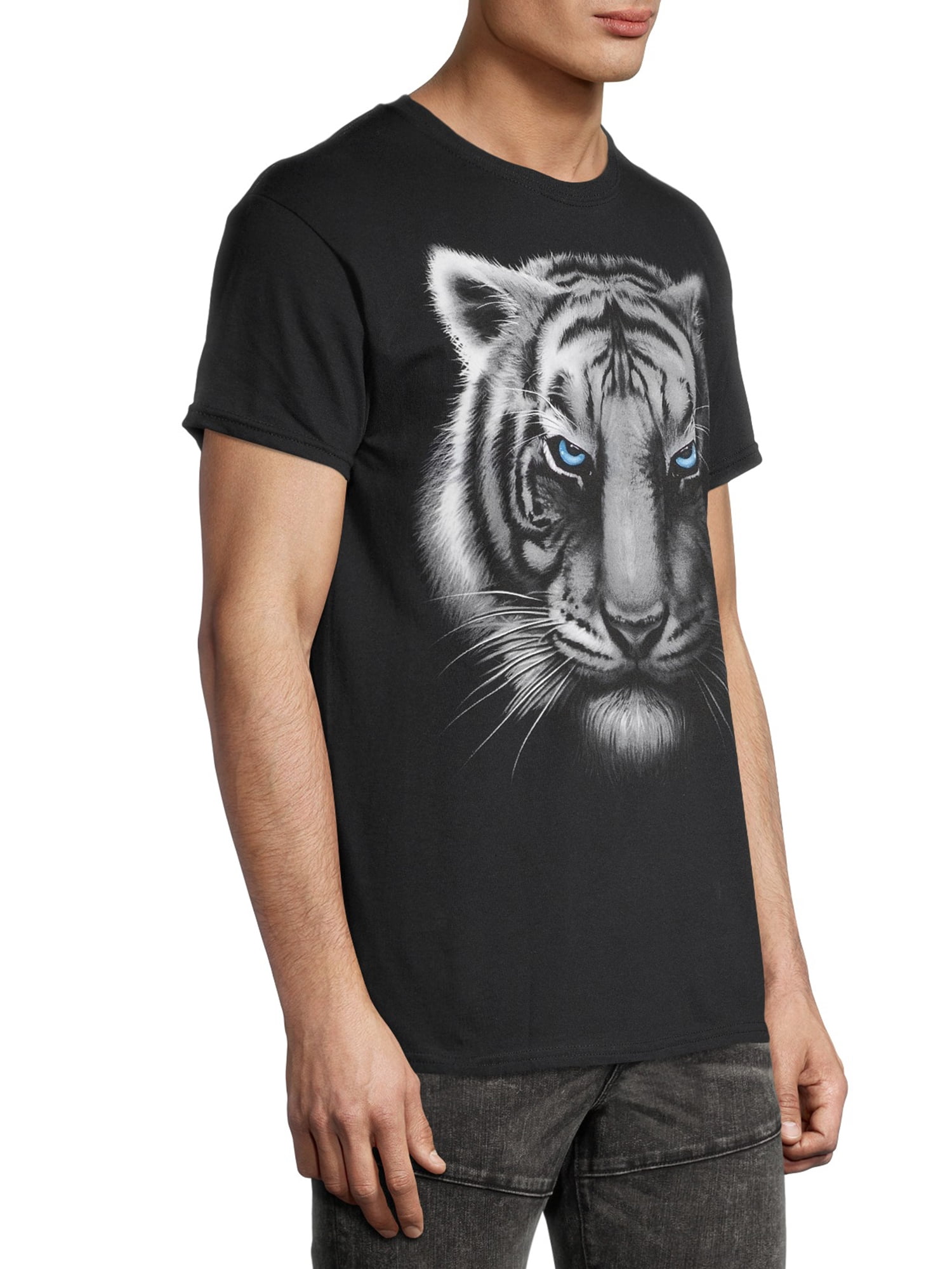 Teelocity Men's Black and White Tiger Head Black Relaxed Fit Short Sleeve Graphic T-Shirt