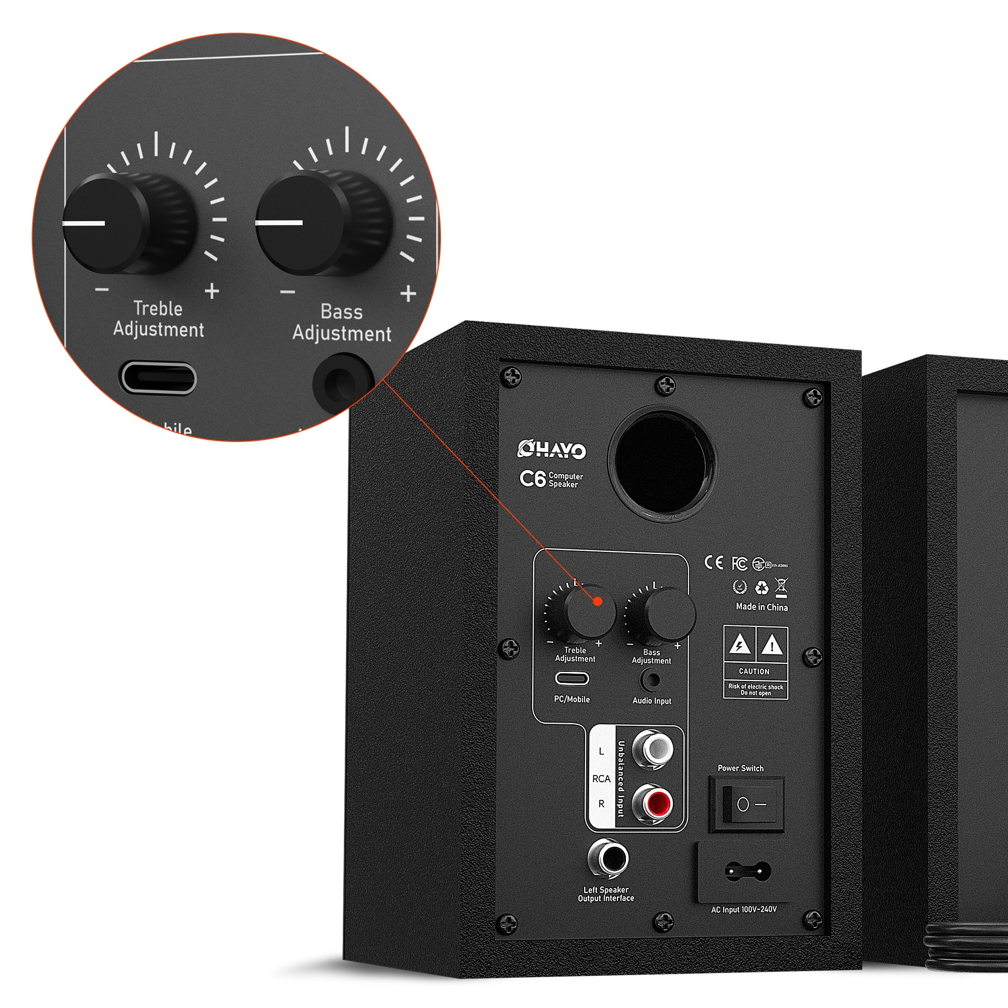 Ortiza 60W Computer Speakers for Music and Gaming, Active Bluetooth 5.3, Stereo 2.0 Speakers for Desktop PC or Laptop, 3.5mm Aux RCA Input, USB-Powered, 1 Pair, Black
