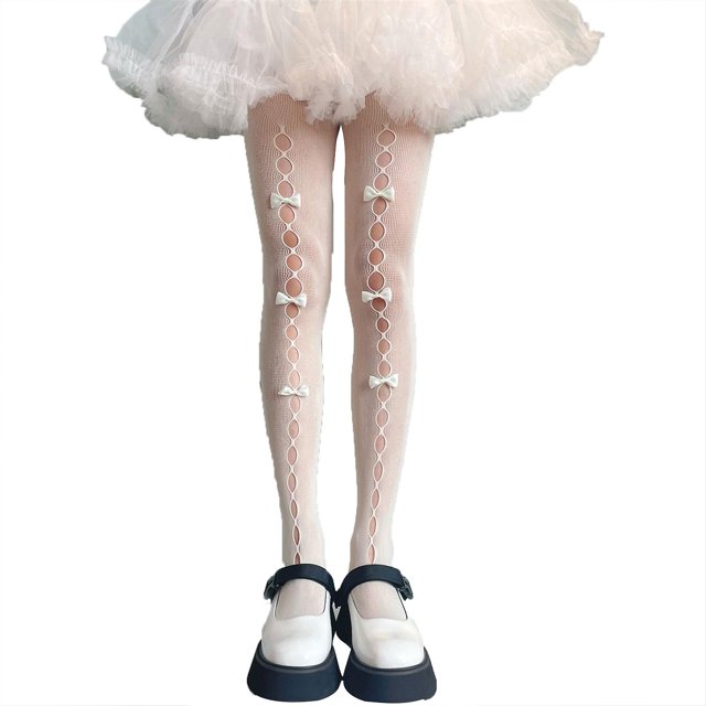 Pantimedias de rejilla góticas para mujer, medias de Agujeros huecos con lazo de terciopelo dulce Lolita