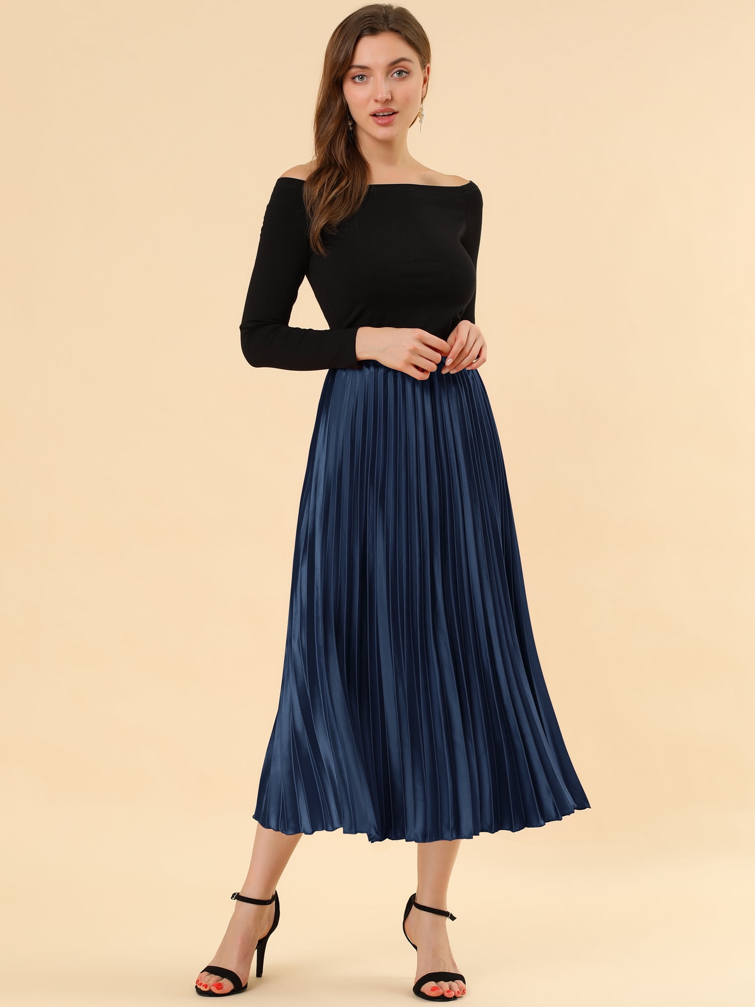 DARING DIVA Women's Midi Length Elastic High Waisted Pleated Skirt 2XL Dark Blue