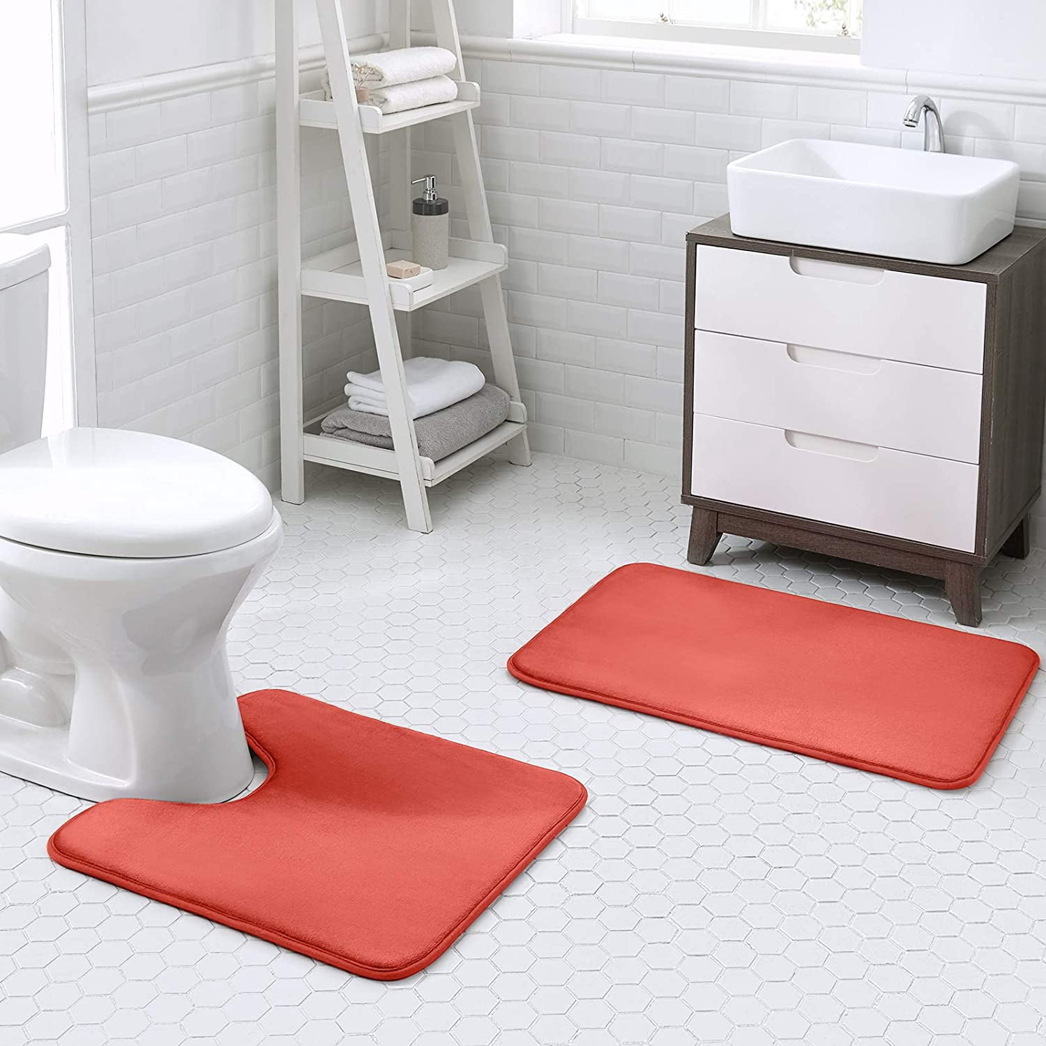 Extra Thick Memory Foam Bath Rug (20x32 Coral) Nonslip Absorbant Super Cozy Velvet Bathroom Mat, Premium Soft Plush Comfortable Carpet for Bath Room Shower Floor Tub, Machine Washable