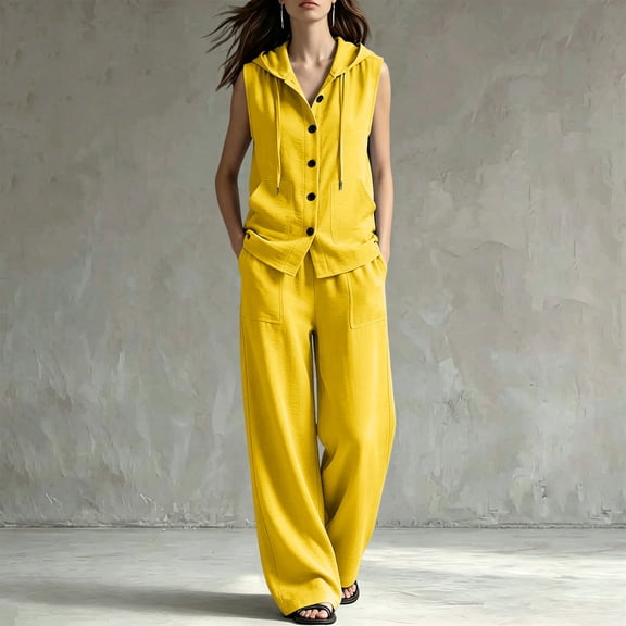 BRELIL Women's Two Piece Sets V Neck Sleeveless Hoodie Wide Leg Pants Casual Lounge Matching Sets Solid Boho Vacation Travel Outfits Loose Tracksuit, Yellow XL