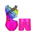 thumbnail image 2 of Yeahdor Kids Girls Gymnastics Dance Outfit Asymmetrical Shoulder Cutout Waistline Tank Leotard Biketard with Metallic High Waisted Shorts Starry Rainbow 12, 2 of 7