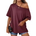 thumbnail image 5 of Short Sleeve Off Shoulder Solid Color Women Casual T Shirt, 5 of 7