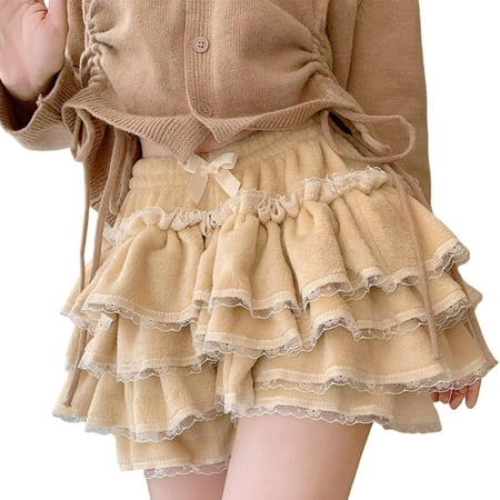 POPLIS Womens Layered Ruffle Lace Bloomers Warm Plush Fleece Safety Shorts Japanese Sweet Bowknot Pumpkin Pants Frilly Knickers