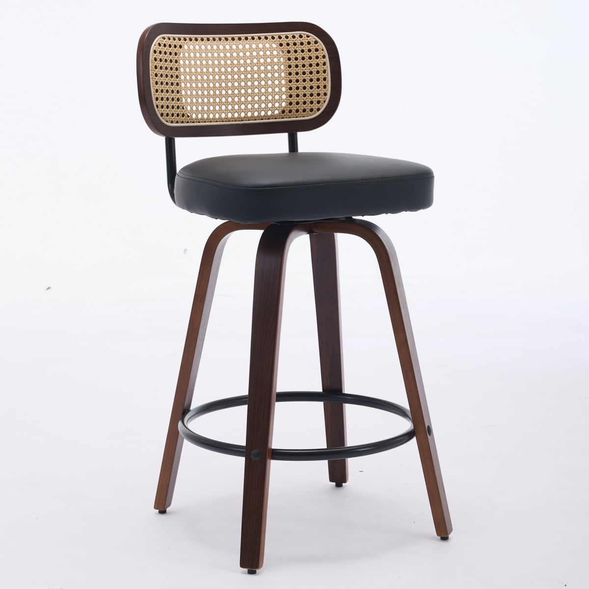 26 Inch Counter Height Swivel Bar Stools, Set of 3 Upholstered Faux Leather Bar Chairs with Walnut Back, Bentwood Legs, Mid Century Modern Island Stools for Kitchen Counter