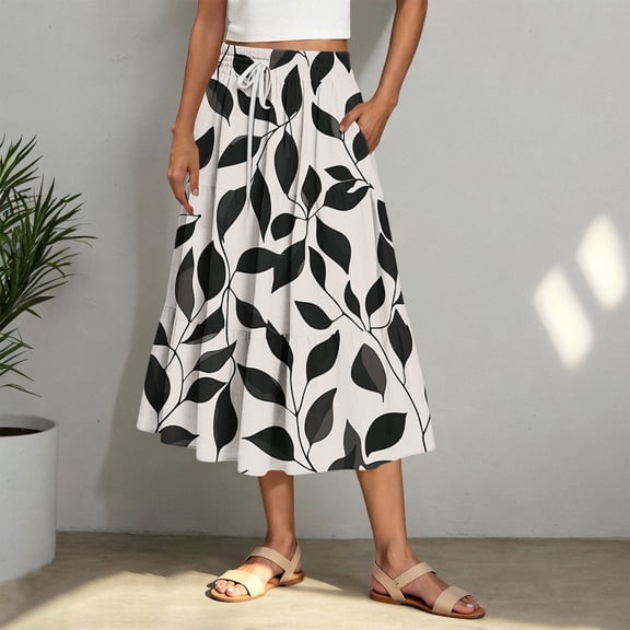 Dianli Skort Skirts Women's Printed A Line Long Skirt Elastic Waist Drawstring Gradient Print Large Swing Lightweight Breathable Cotton Linen Pull On Summer Vacation Beachwear Skort