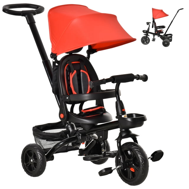 Qaba Baby Tricycle 4 In 1 Trike w/ Reversible Angle Adjustable Seat Removable Handle Canopy Handrail Belt Storage Footrest Brake Clutch for 1-5 Years Old Red