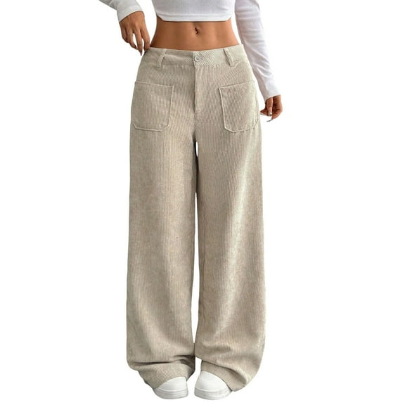 TRUBKH Corduroy Pants Women Straight Leg Pants Women Womens Cargo Pants with Pockets Baggy Corduroy Pants Women Waffle Knit Pants Women High Waisted Cargo Pants Beige L