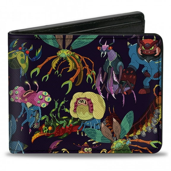Rick and Morty Wallet, Bifold, Rick and Morty Creatures Collage Purple, Vegan Leather