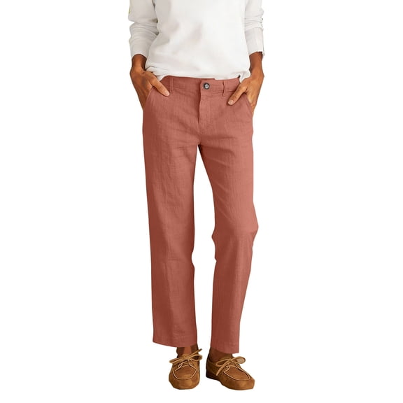 Nhthy Women's Summer Button Closure Linen Long Pants, Solid Straight Leg Full Length Casual Capri Trousers Orange XXL