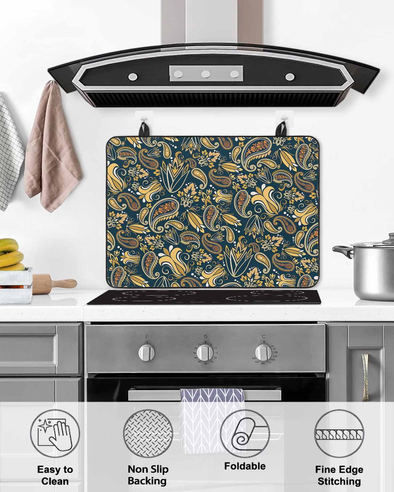 nqOlkjepod Large Induction Cooktop Protector Mat 24"x21", Boho Green Floral Stove Top Covers for Electric Stove, Farmhouse Botanical Vintage Paisley Flower Stove Burner Cover Mats Stove Cover