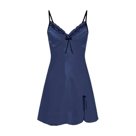 SpringTTC Women Sexy Satin Silk Bowknot Side Slit Sleepwear Slip Lingerie Dress