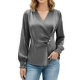 thumbnail image 2 of Antqov Satin Tops for Women, Solid Color Elegant V Neck Long Sleeve Button Pleated Blouse, Office Work Bussiness Dressy Shirts Street Fashion Casual Tops, 2 of 7