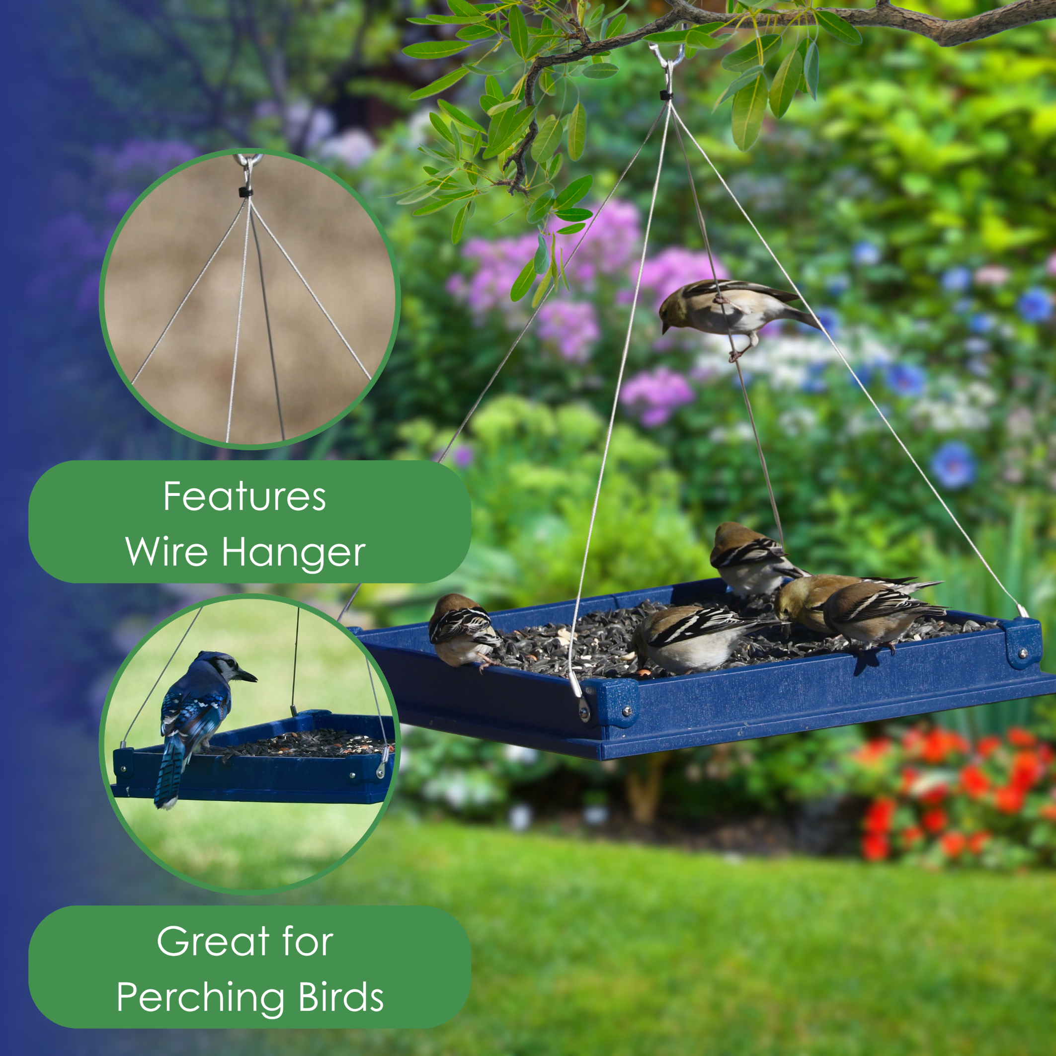 Backyard Essentials Platform Bird Feeder Large Hanging Metal Mesh Feeder, 10 Cup Capacity Blue