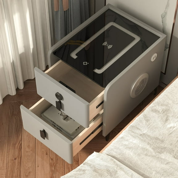 Smart Nightstand with Fingerprint Lock -12" W×16" D×18" H Solid Wood Bedside Table with Wireless Charging and LED Lights, Narrow End Table with Tempered Glass Top,Leather Nightstand with Drawers,