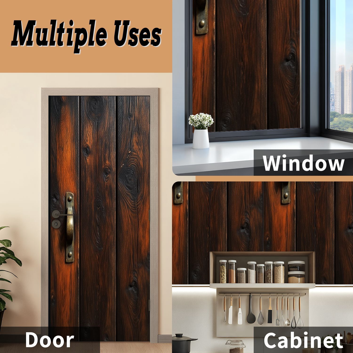 Self Adhesive Vinyl Refrigerator Wrap Set Rustic Dark Wooden Panels Vintage Brass Rustic Door Mural Removable Fridge Sticker Peel and Stick&nbsp;Full Door Cover Decal Kitchen Bar Decor