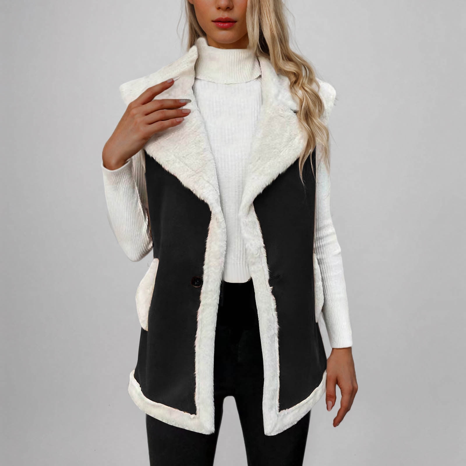 Sokhug Women's Sherpa Faux Leather Vest Jacket Winter Warm Sleeveless Coat with Pockets, Black