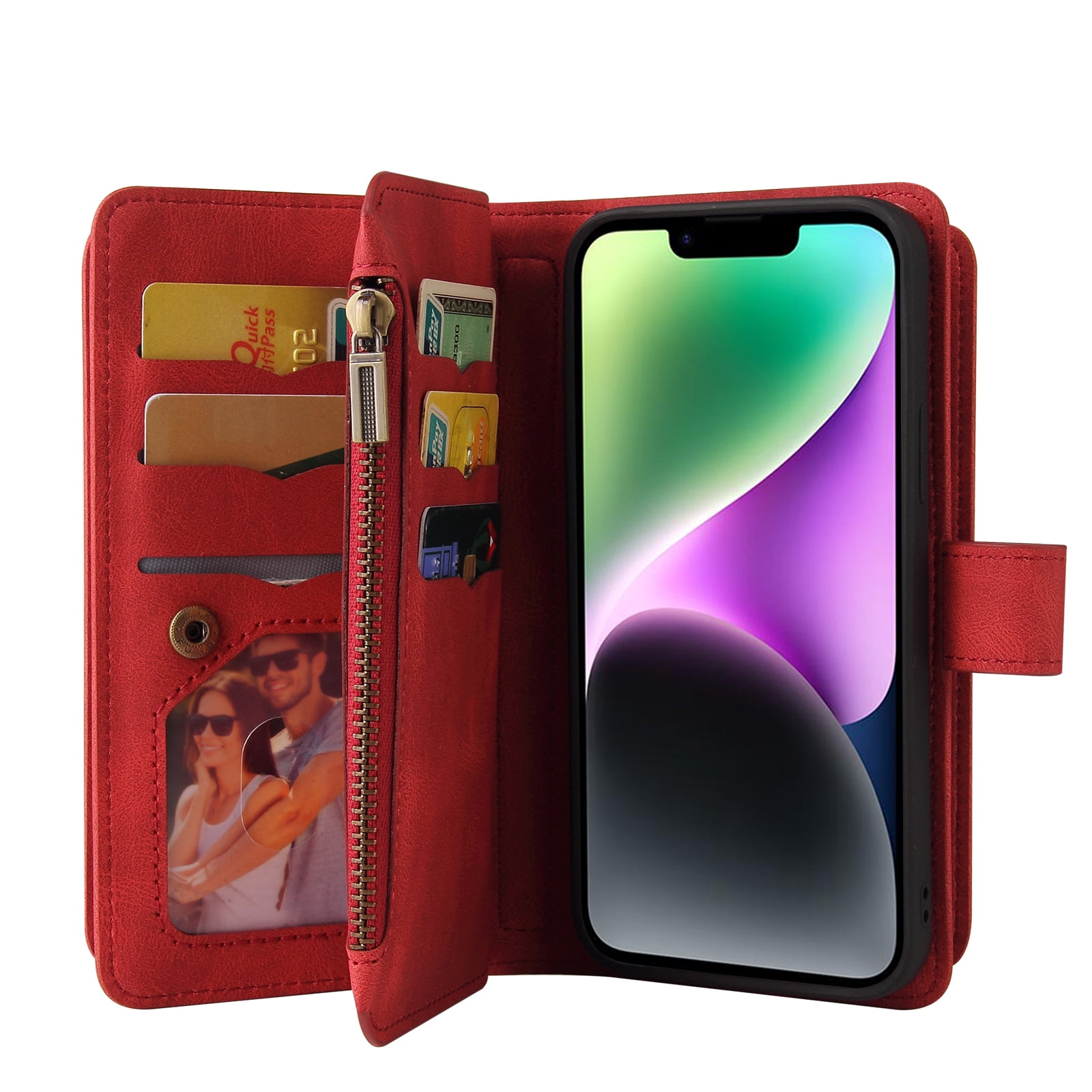 Wallet Case for iPhone 15, Magnetic Zipper Pouch Premium PU Leather with Kickstand Wallet Flip Shockproof Phone Case Wrist Strap Card Slots Holder Pocket iPhone 15,
Red