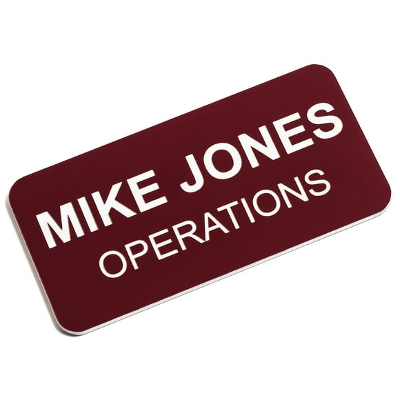 Custom Engraved Name Tag Badges – Personalized Identification with Pin or Magnetic Backing, 1.5 Inches x 3 Inches, Claret/White