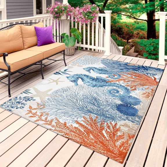 Blue Red Seahorse Coastal Outdoor Rug 4x6 Ft, Non Slip Washable Area Rug, Summer Beach Coral Nautical Patio Rugs Carpet Runner, Large Floor Mat for Indoor/Outdoor Deck Porch Camping