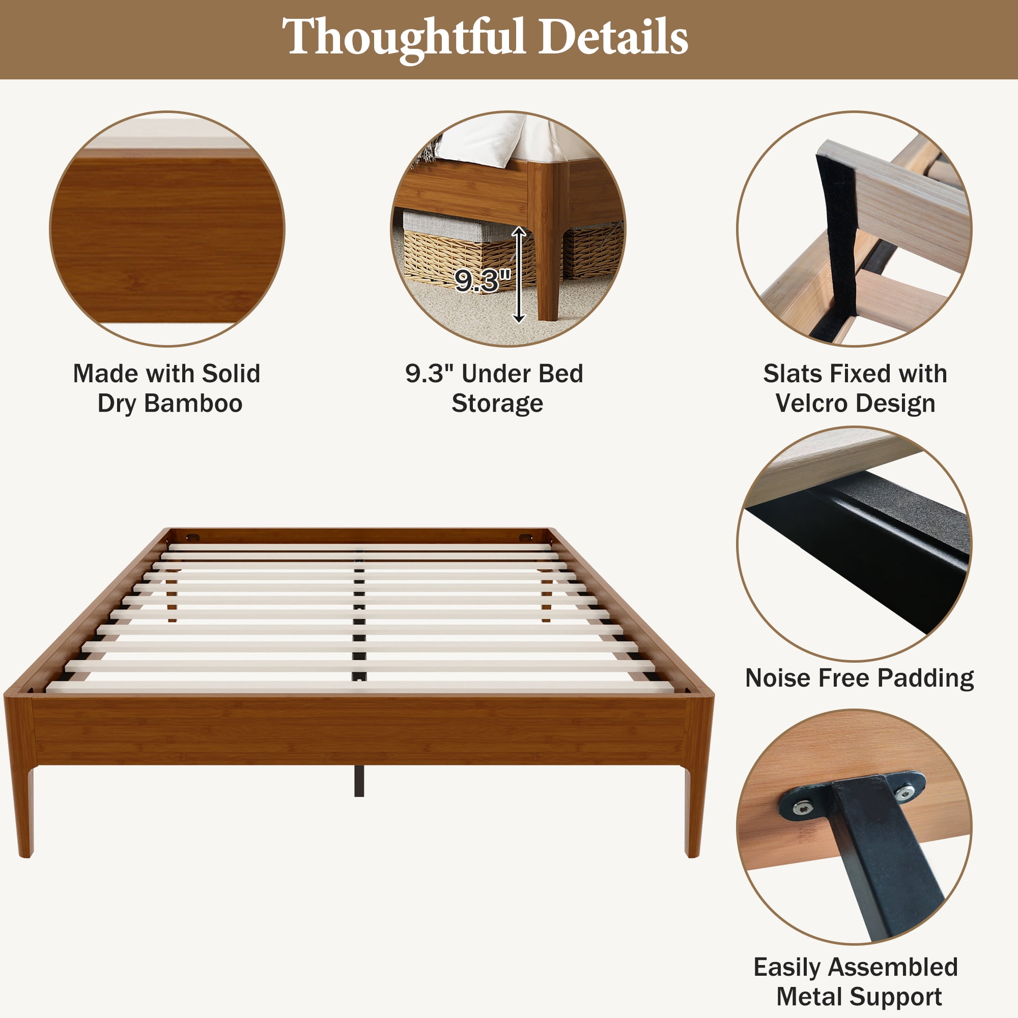 Euroco Bamboo Wood Platform Bed, Queen Size Minimalist Style Bed, Brown
