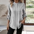 thumbnail image 4 of Mandarin Stand Collar Full Button Up Roll Tab Sleeve Chest Pocket Asymmetric High Low Hem Crinkle Cotton Linen Shirt for Women Spring Summer Casual Office Wear, 4 of 9