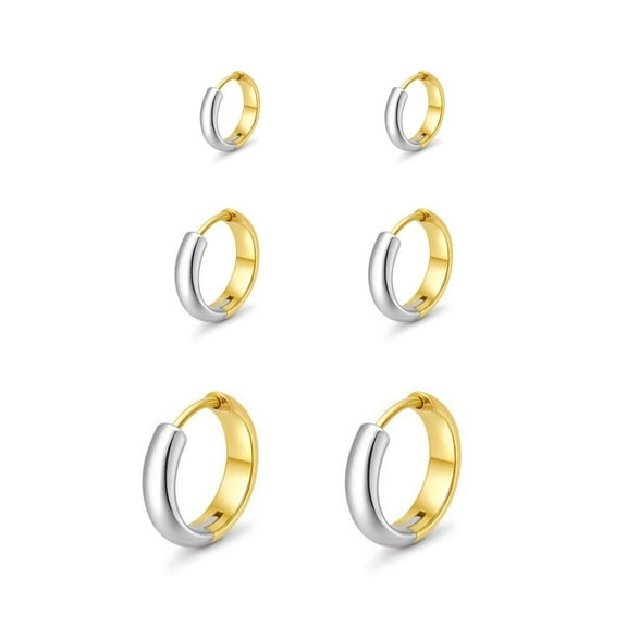 3 Pairs Gold Silver Two-Tone plated Small Hoop Earrings Set for Women, 14K Gold Plated Huggie Hoop Earrings, Tiny Cartilage Hypoallergenic Earring Set