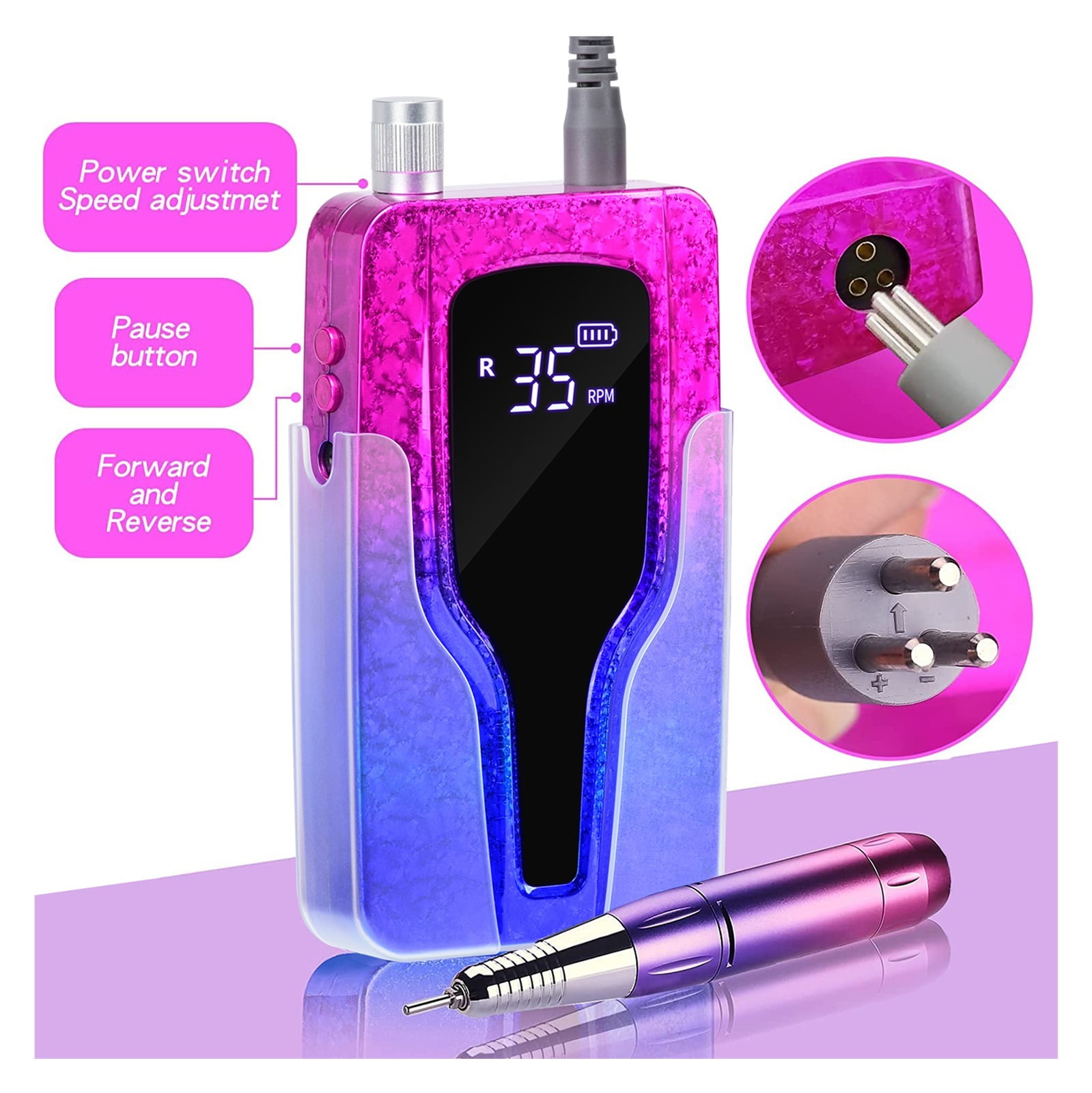 35000RPM Electric Nail Drill Machine Rechargeable Nail Sander LED Display Gel Remover Set Portable Nail Salon Polisher Equipment ,Low Noise