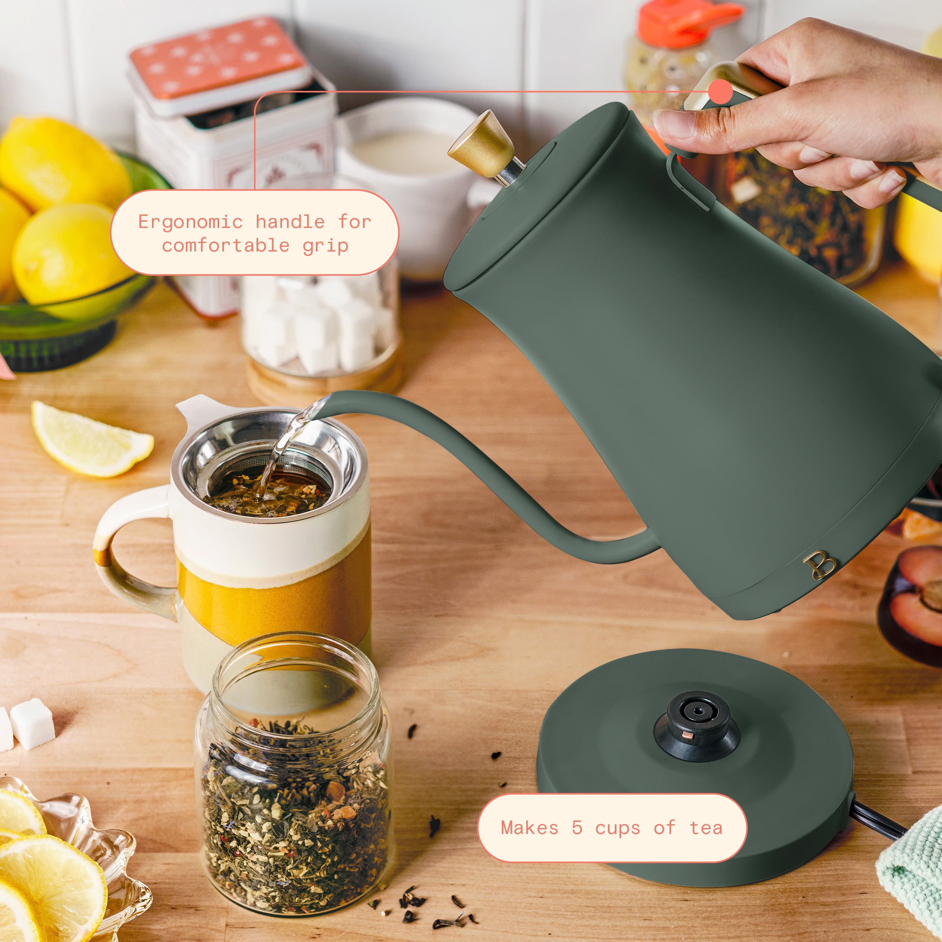 Beautiful 1-Liter Electric Gooseneck Kettle 1200 W, Thyme Green by Drew Barrymore